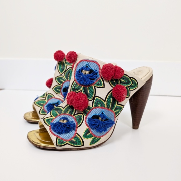 Tory Burch Shoes - Tory Burch Multicolor Leather and Embroidered Fabric Pom Pom Open Toe Mules